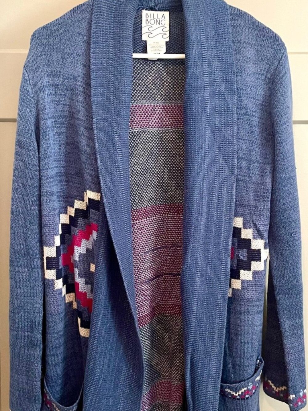 Billabong open cardigan with pockets, blue.